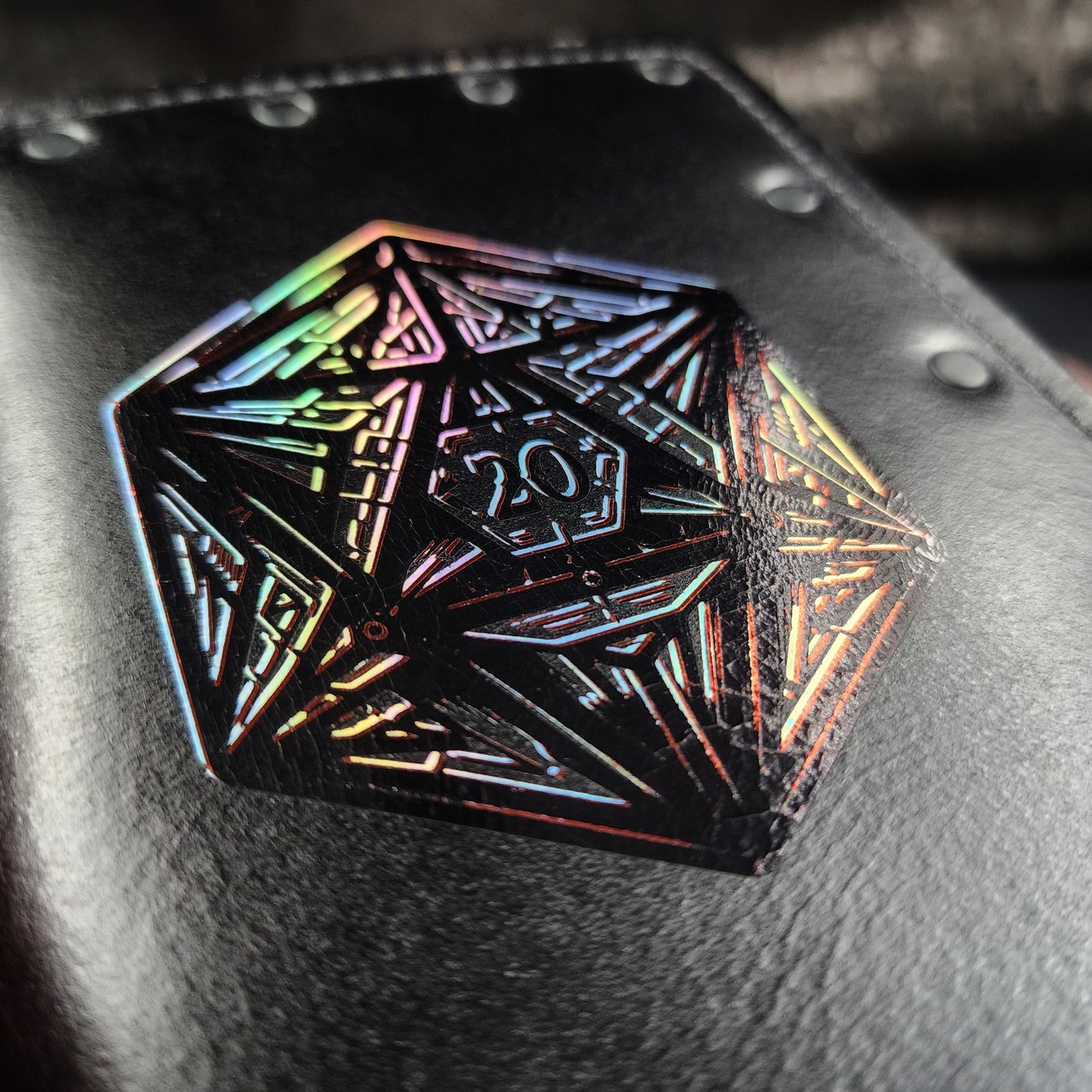 Custom handmade leather pocket journal with geometric 20-sided die D20 design by Grimbeard Leather