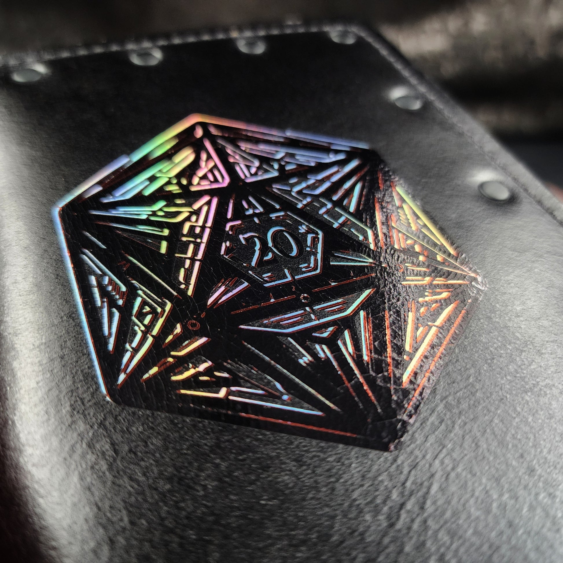 Custom handmade leather pocket journal with geometric 20-sided die D20 design by Grimbeard Leather