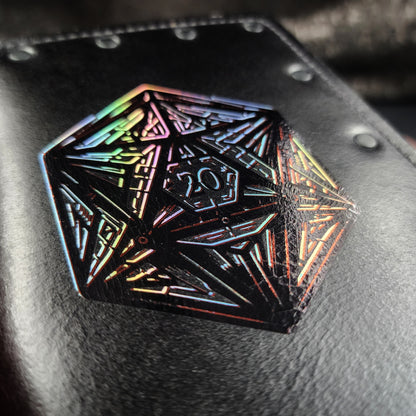 Custom handmade leather pocket journal with geometric 20-sided die D20 design by Grimbeard Leather