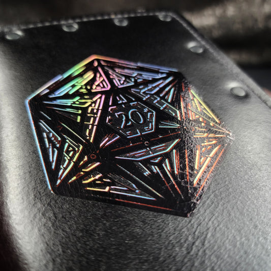 Custom handmade leather pocket journal with geometric 20-sided die D20 design by Grimbeard Leather