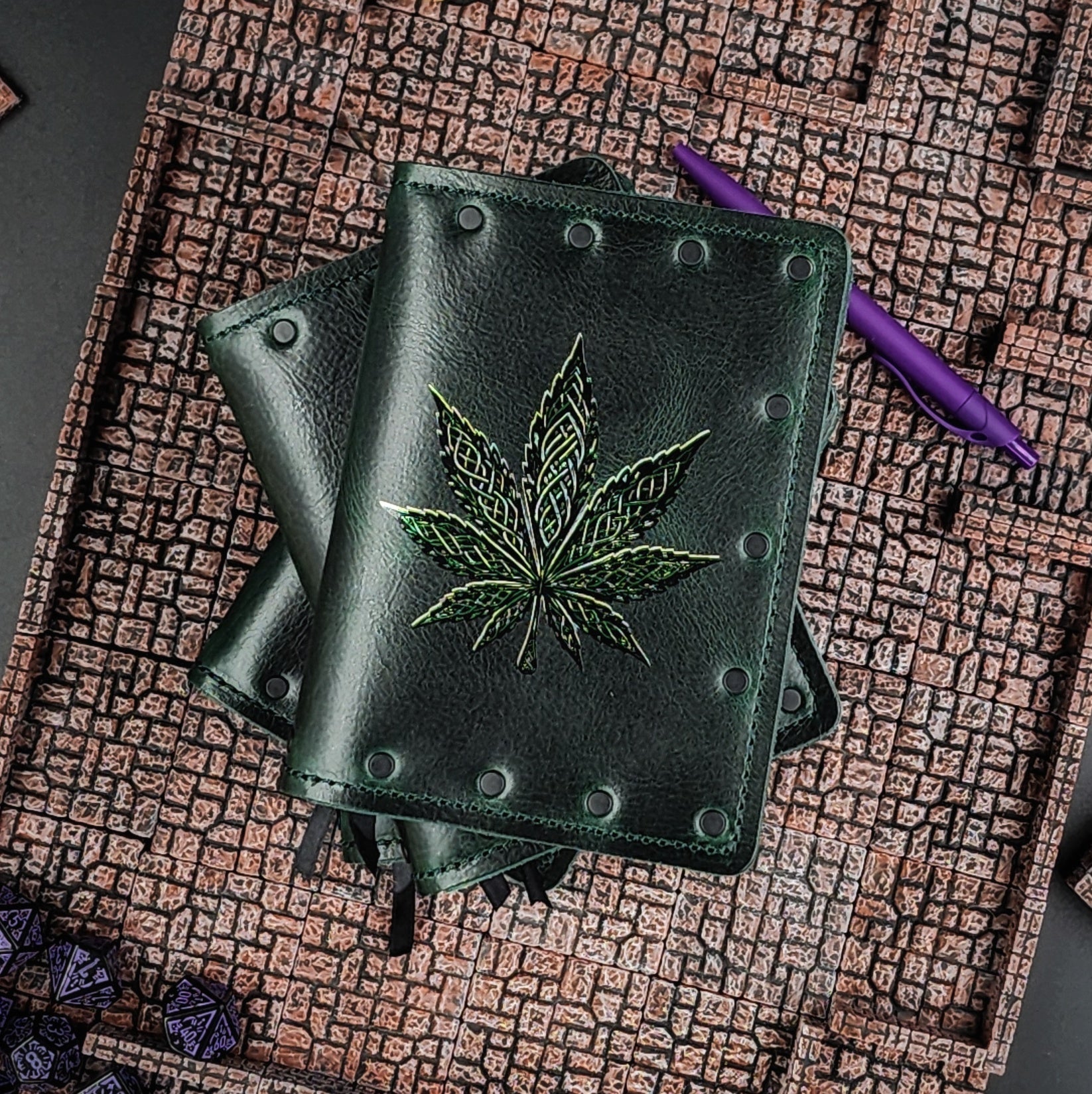 Custom handmade leather pocket journal with Celtic knotwork cannabis leaf design inspired by Old Toby and Southfarthing by Grimbeard Leather