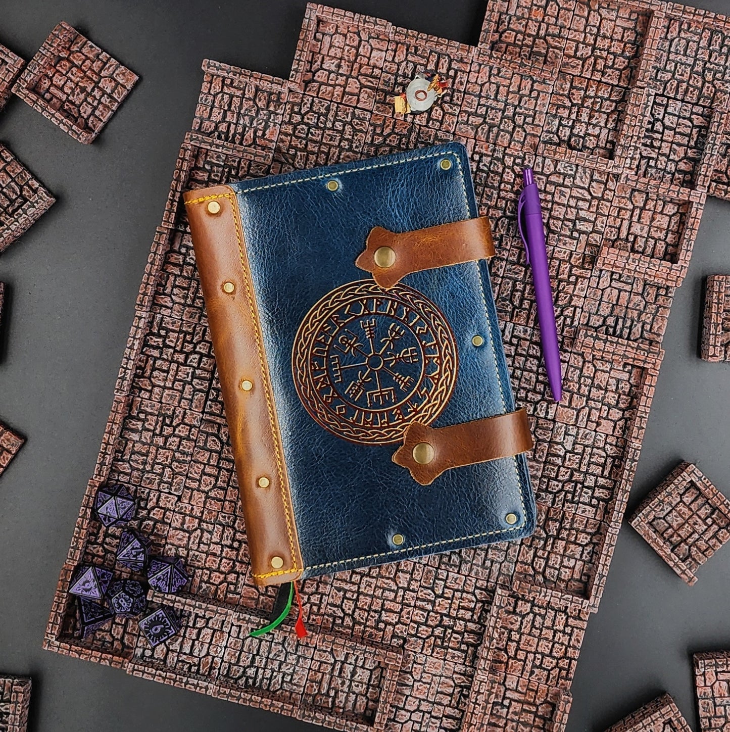 Handmade A5 leather adventure journal with hand-gilded Vegvisir Norse wayfinder compass and runic border design by Grimbeard Leather
