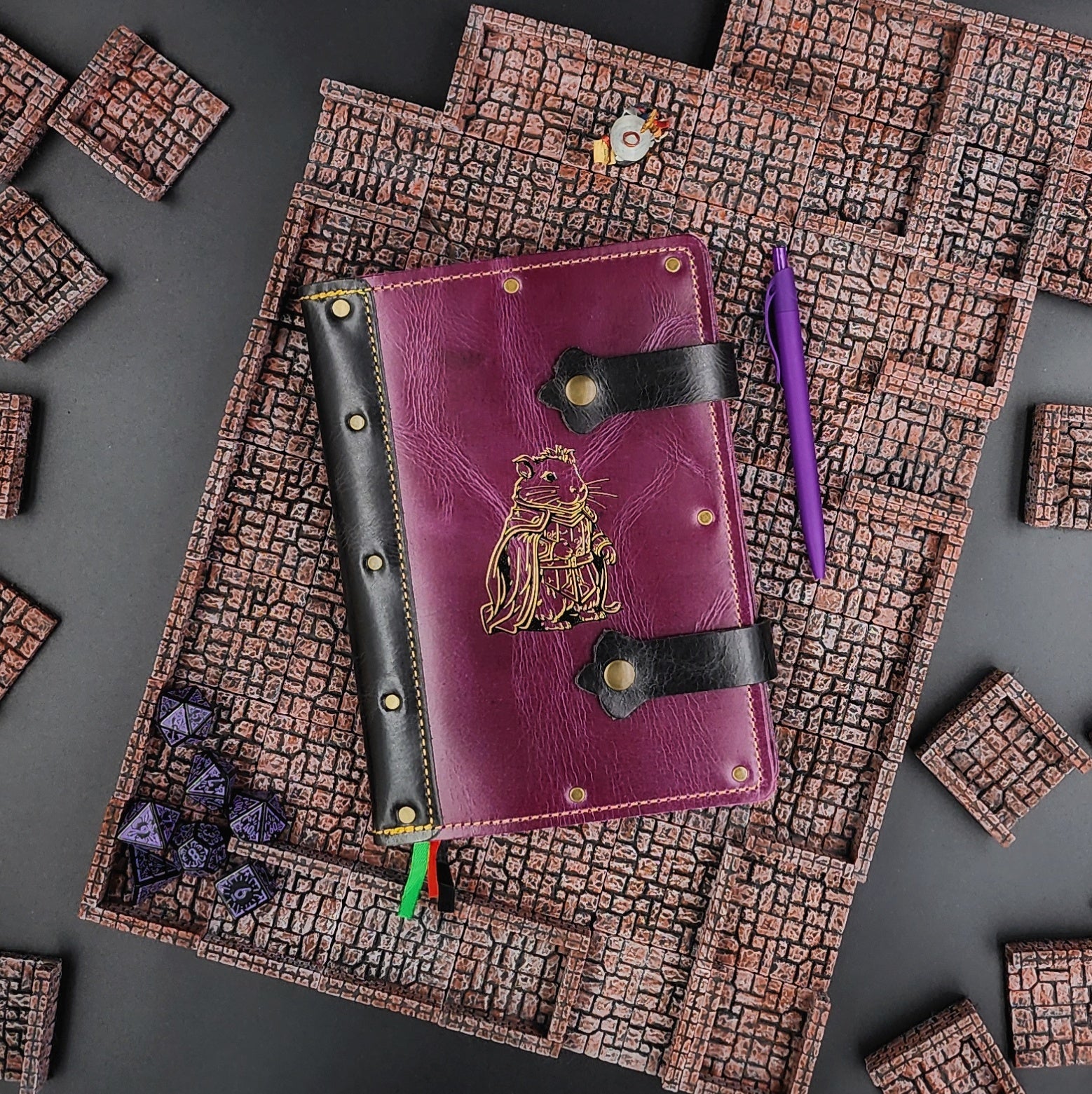 Handmade A5 leather adventure journal with hand-gilded hamster paladin in plate armor design by Grimbeard Leather