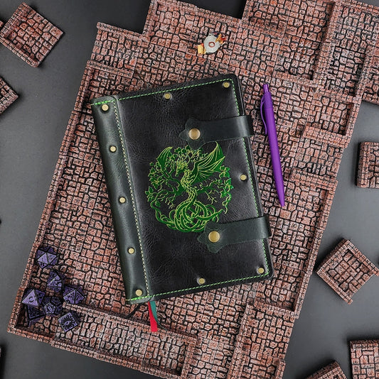 Handmade A5 leather adventure journal with hand-gilded Druid Dragon and Tree of Life Yggdrasil design by Grimbeard Leather