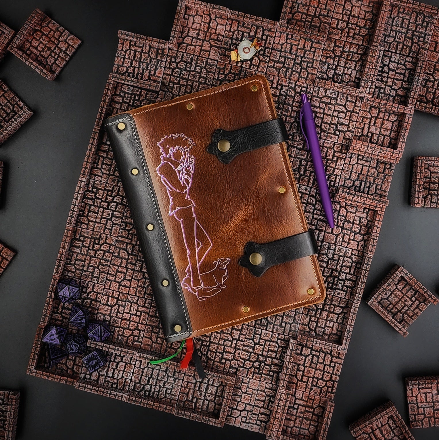 Handmade A5 leather adventure journal with hand-gilded Spike Spiegel and Ein design from Cowboy Bebop by Grimbeard Leather