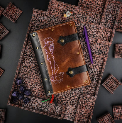 Handmade A5 leather adventure journal with hand-gilded Spike Spiegel and Ein design from Cowboy Bebop by Grimbeard Leather