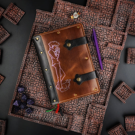 Handmade A5 leather adventure journal with hand-gilded Spike Spiegel and Ein design from Cowboy Bebop by Grimbeard Leather