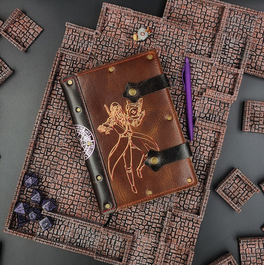 Handmade A5 leather adventure journal with hand-gilded anime style arcane mage casting a spell design by Grimbeard Leather