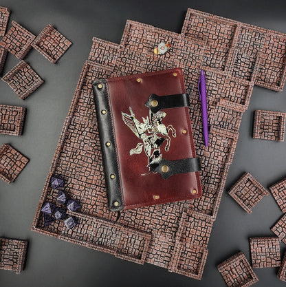 Handmade A5 leather adventure journal with hand-gilded Valkyrie warrior on a winged Pegasus design by Grimbeard Leather
