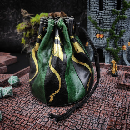 Standing Round Dice Bag - Dragon - Black and Green