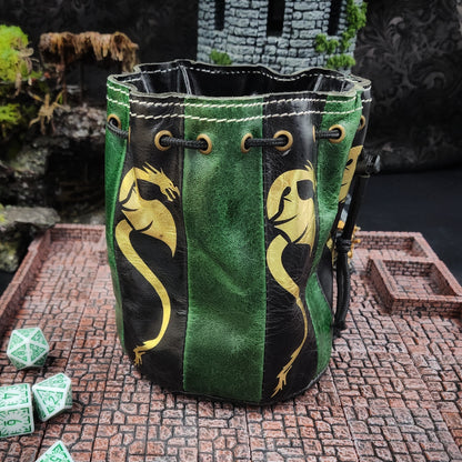 Standing Round Dice Bag - Dragon - Black and Green