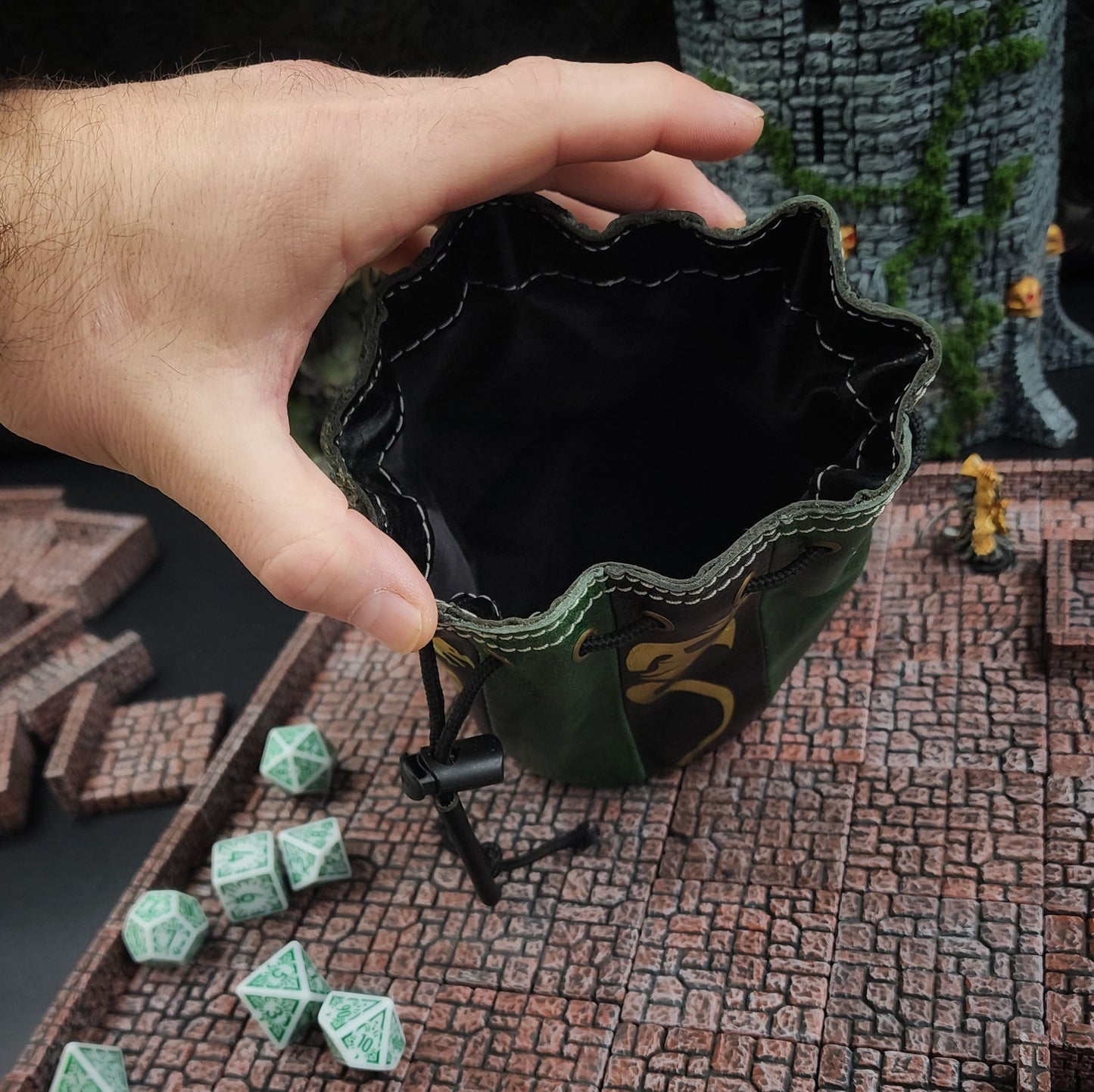 Standing Round Dice Bag - Dragon - Black and Green