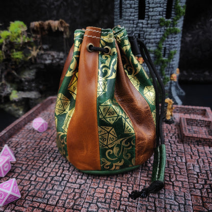 Standing Round Dice Bag - D20 Pattern - Green and Tan