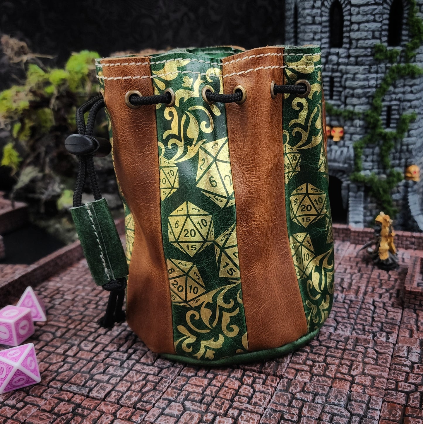 Standing Round Dice Bag - D20 Pattern - Green and Tan