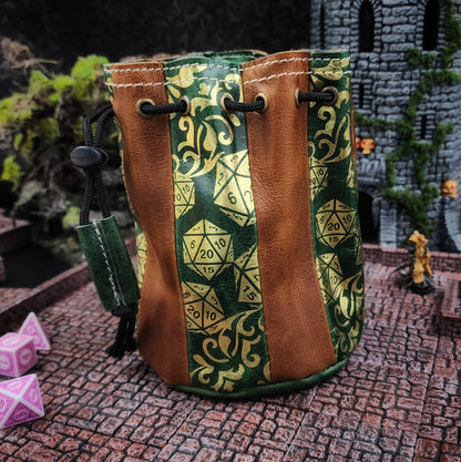 Standing Round Dice Bag - D20 Pattern - Green and Tan