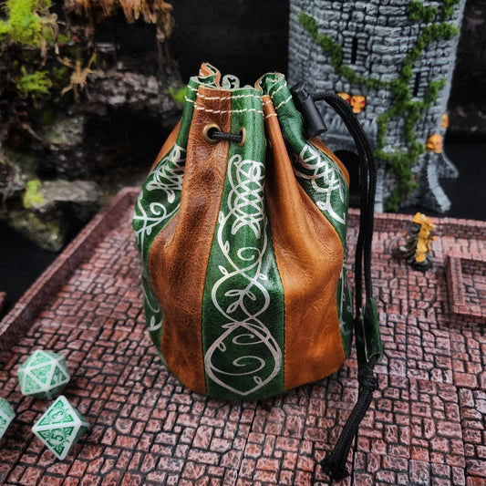 Standing Round Dice Bag - Elven - Green and Tan