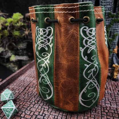 Standing Round Dice Bag - Elven - Green and Tan