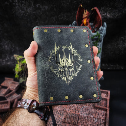 LOTR Inspired Helmet & Ring Script Custom Leather Pocket Journal (30-Day Lead)