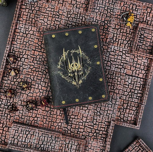 Custom handmade leather pocket journal with Lord of the Rings inspired helmet and elvish ring script design by Grimbeard Leather