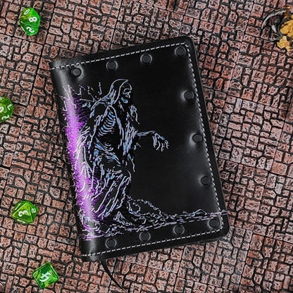 Custom handmade leather pocket journal with Acererak the Lich walking out of a wall design from Tomb of Horrors by Grimbeard Leather