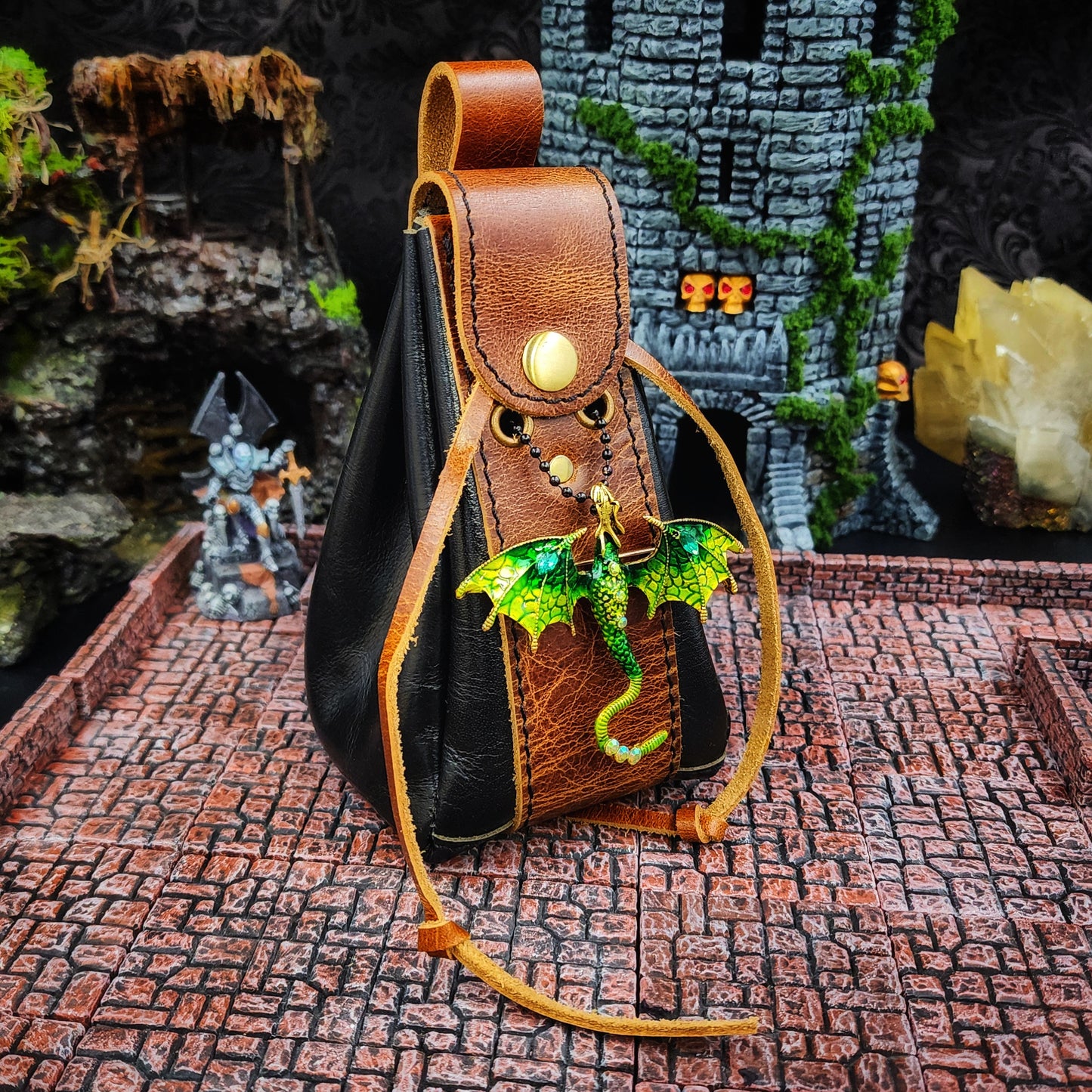 Leather Dice Bag with Green Dragon Charm