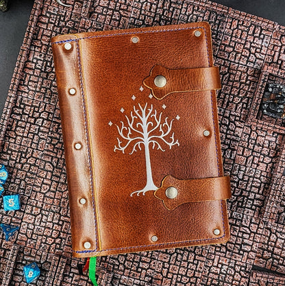 Handmade A5 leather adventure journal with hand-gilded White Tree of Gondor design by Grimbeard Leather