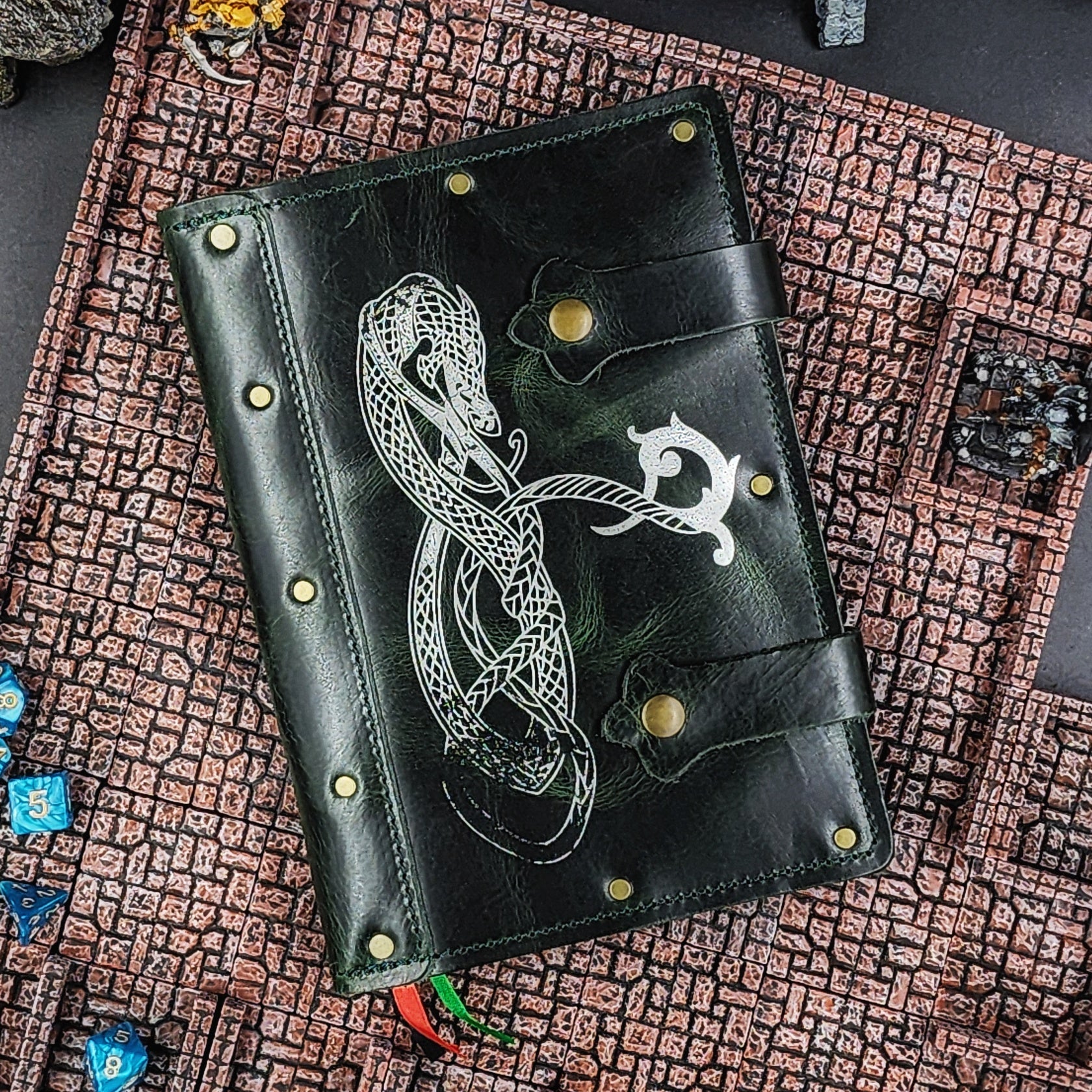 Handmade A5 leather adventure journal with hand-gilded Nordic horse and Celtic knotwork design by Grimbeard Leather