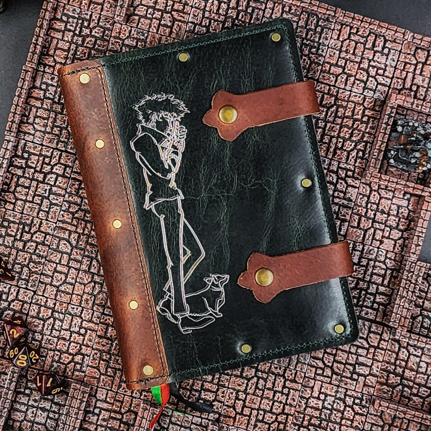 Handmade A5 leather adventure journal with hand-gilded Spike Spiegel and Ein design from Cowboy Bebop by Grimbeard Leather