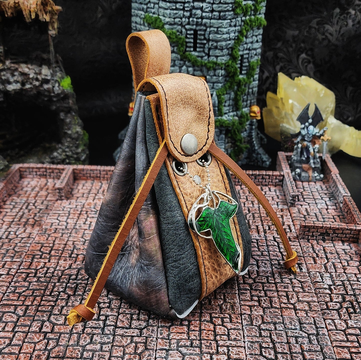 Leather Dice Bag with Green Leaf Charm