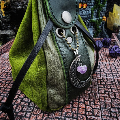 Leather Dice Bag with Filigree Moon and Amethyst Charm