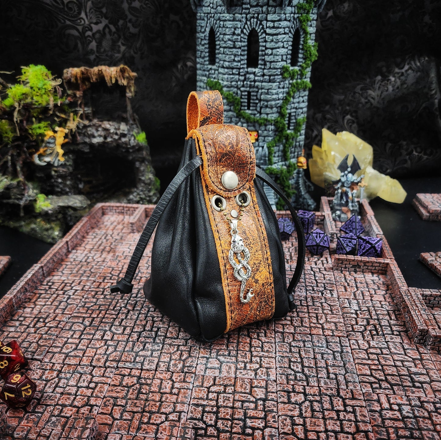 Leather Dice Bag with Dark Snake and Skull Charm