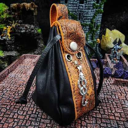 Leather Dice Bag with Dark Snake and Skull Charm