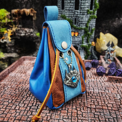 Leather Dice Bag with Blue Skull Dragon Eye Charm