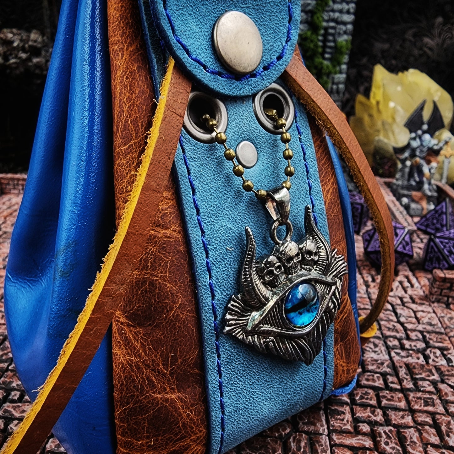 Leather Dice Bag with Blue Skull Dragon Eye Charm