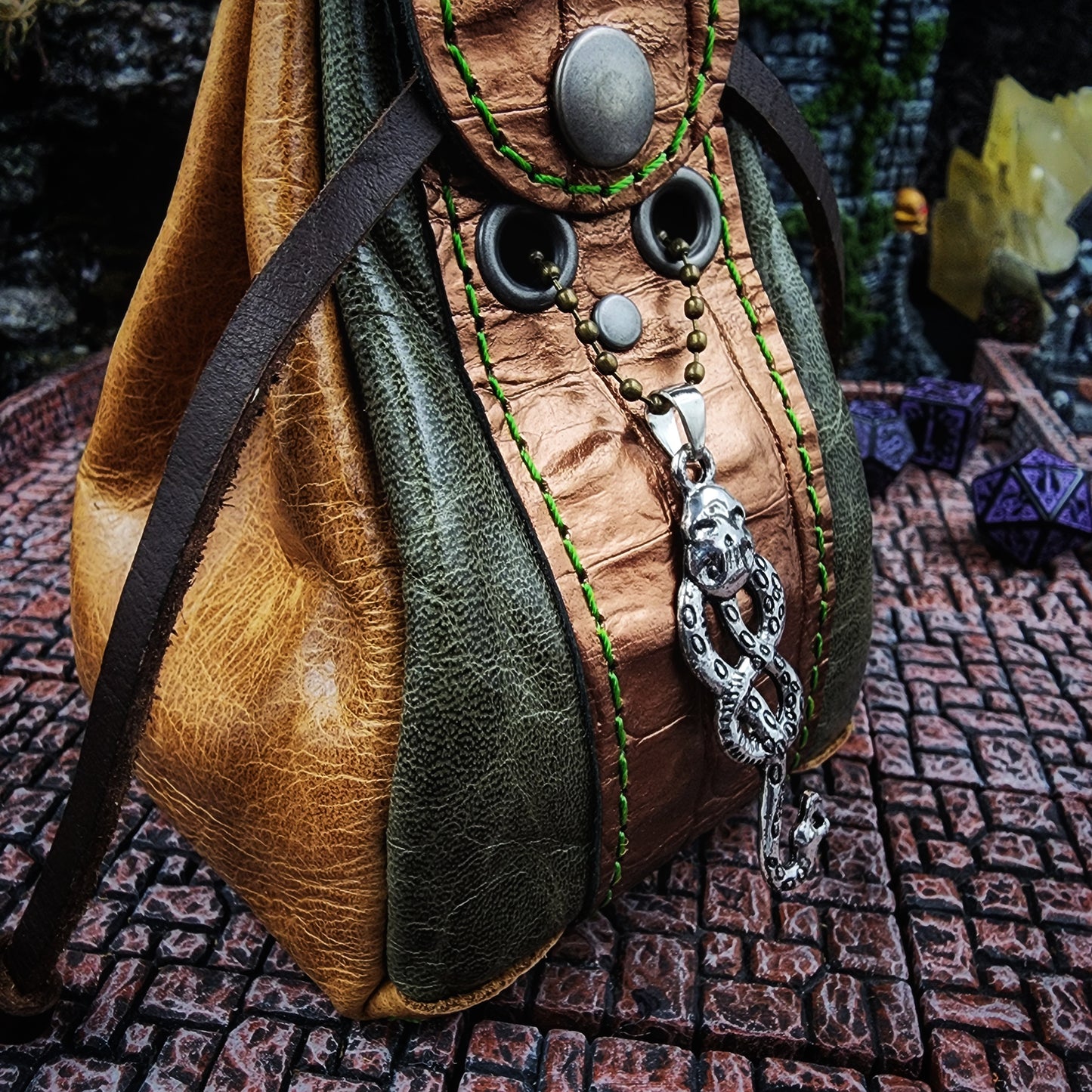 Leather Dice Bag with Dark Skull and Snake Charm