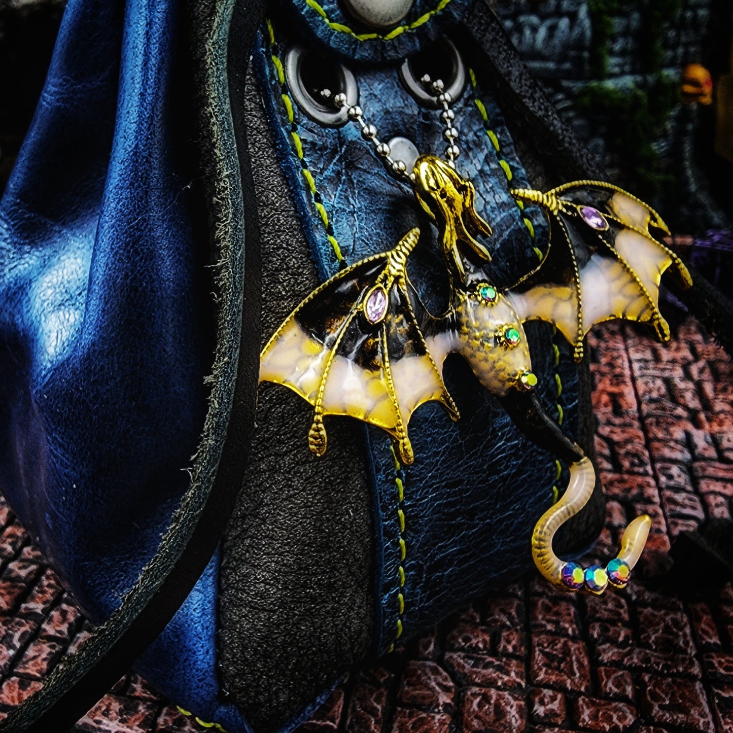 Leather Dice Bag with Jeweled Black Dragon Charm