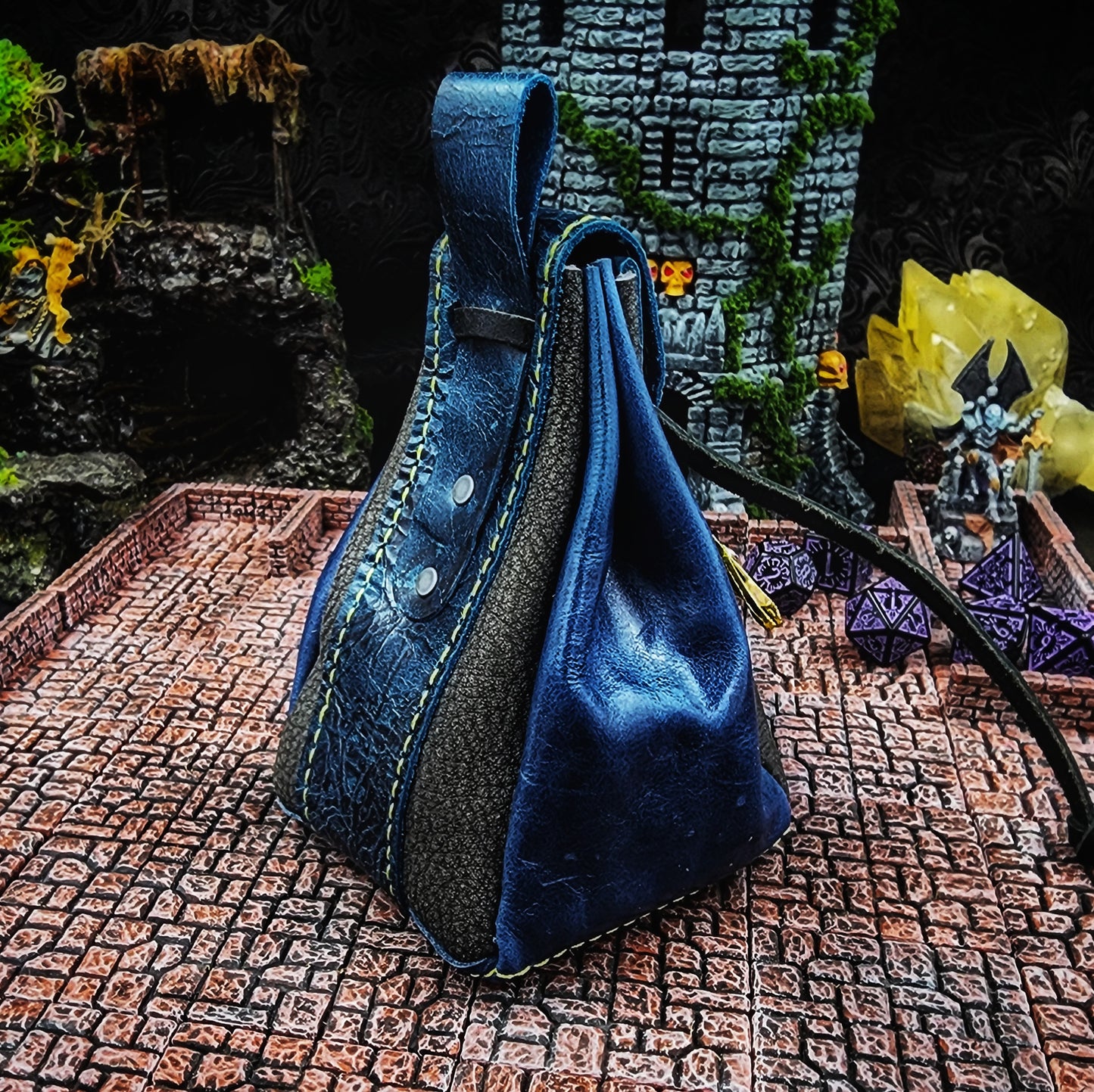 Leather Dice Bag with Jeweled Black Dragon Charm