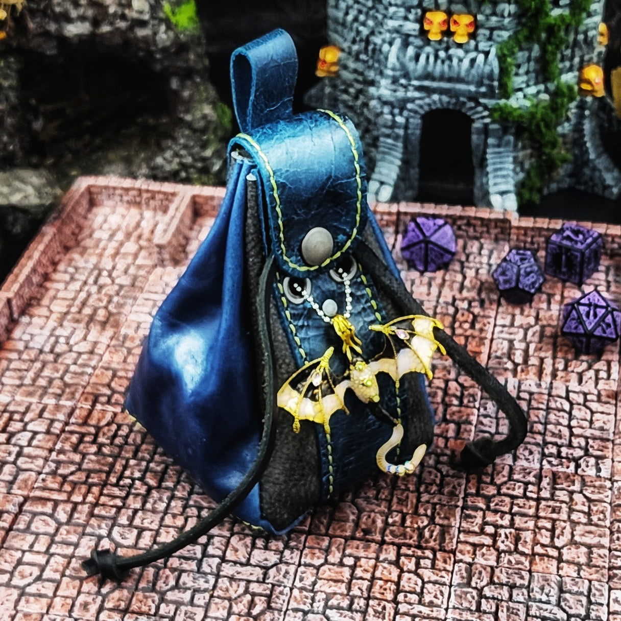 Leather Dice Bag with Jeweled Black Dragon Charm