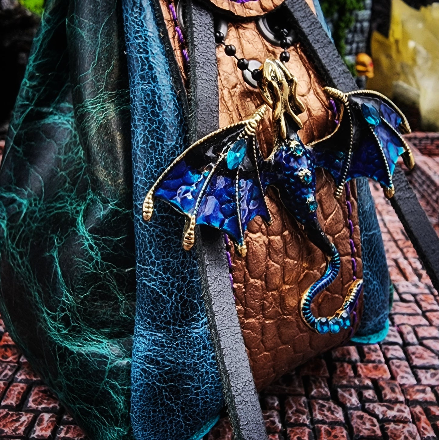 Leather Dice Bag with Jeweled Blue Dragon Charm