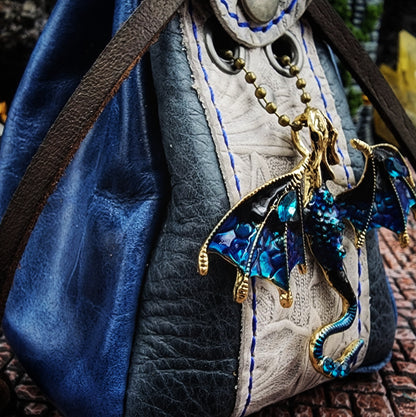 Leather Dice Bag with Jeweled Blue Dragon Charm