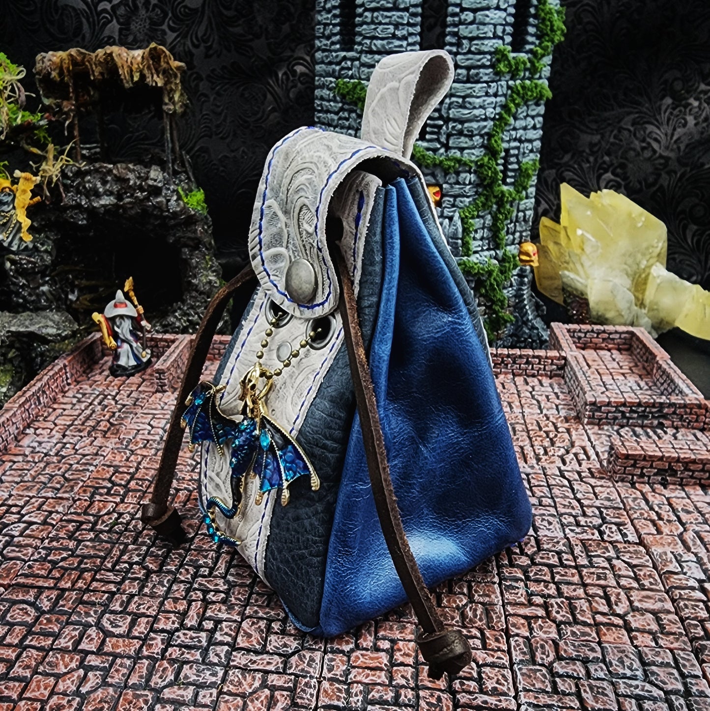 Leather Dice Bag with Jeweled Blue Dragon Charm