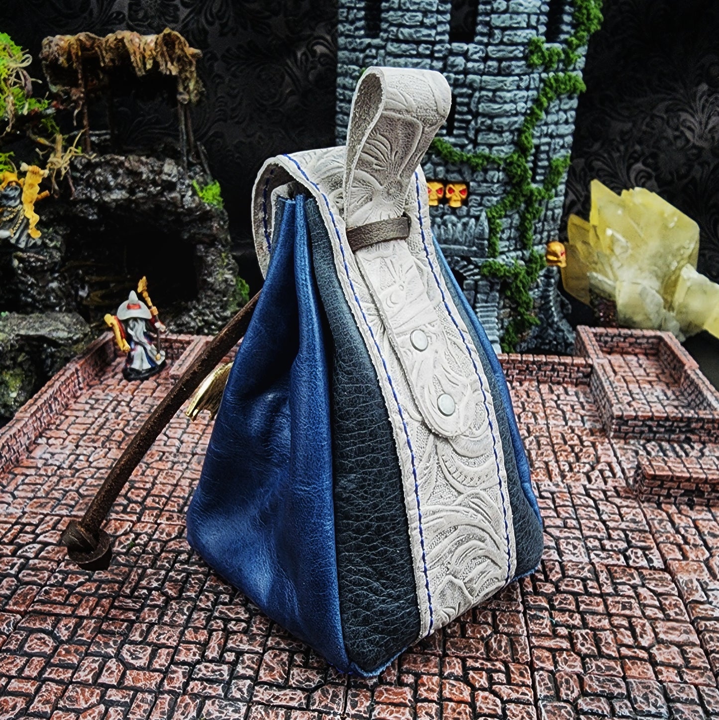 Leather Dice Bag with Jeweled Blue Dragon Charm