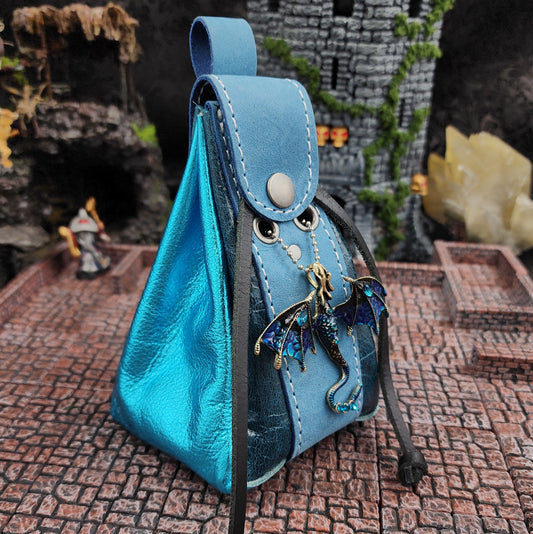 Leather Dice Bag with Jeweled Blue Dragon Charm