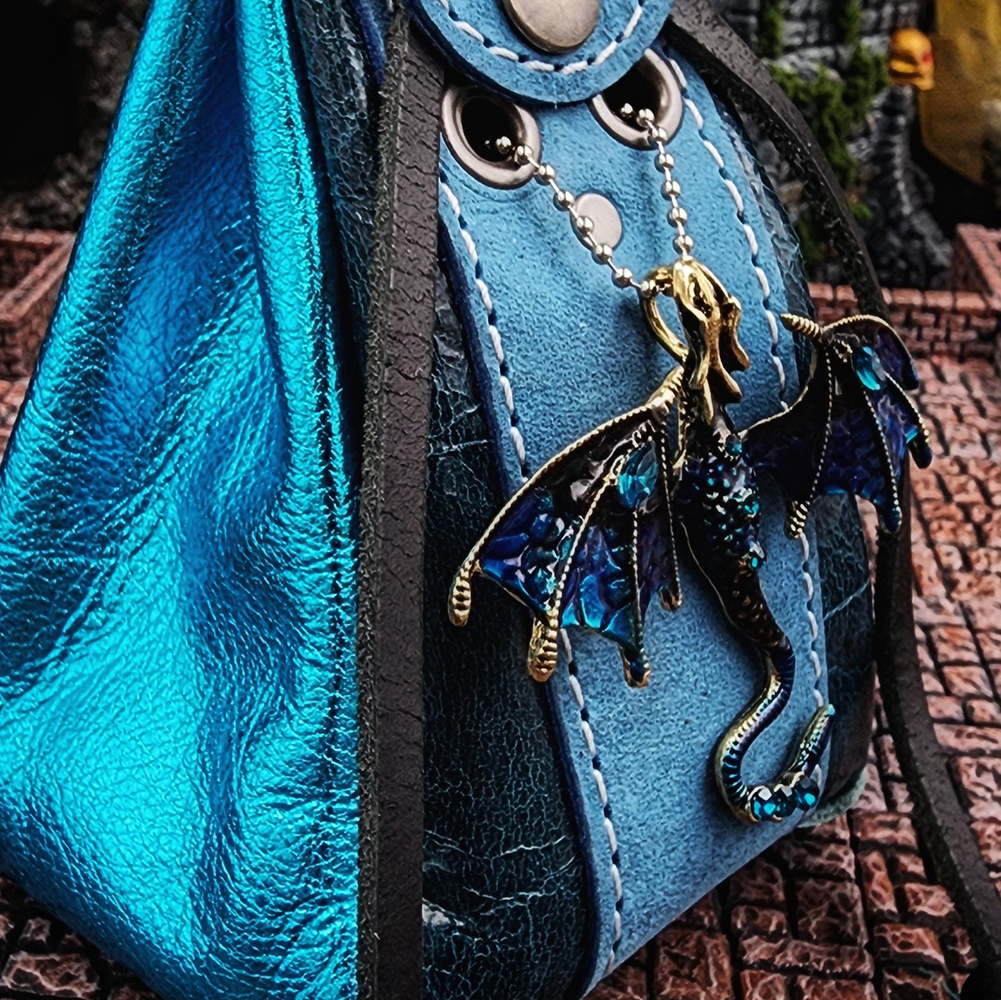 Leather Dice Bag with Jeweled Blue Dragon Charm