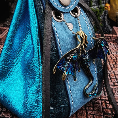 Leather Dice Bag with Jeweled Blue Dragon Charm