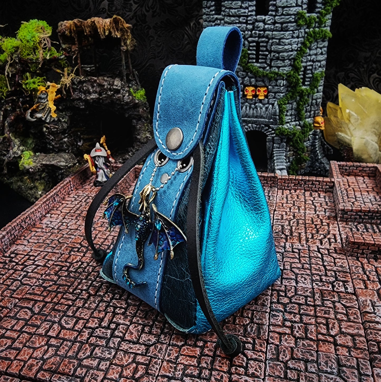 Leather Dice Bag with Jeweled Blue Dragon Charm