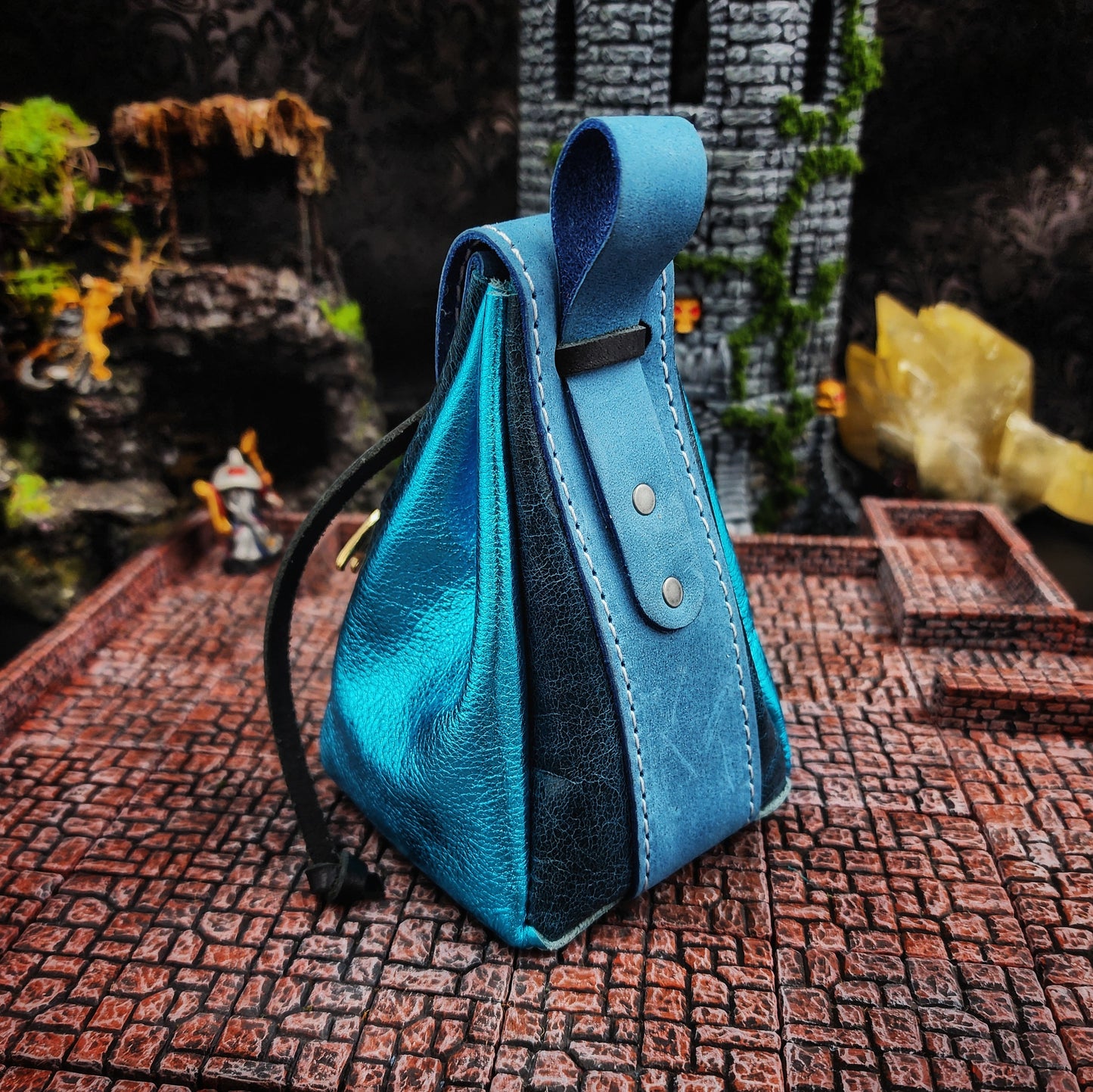 Leather Dice Bag with Jeweled Blue Dragon Charm