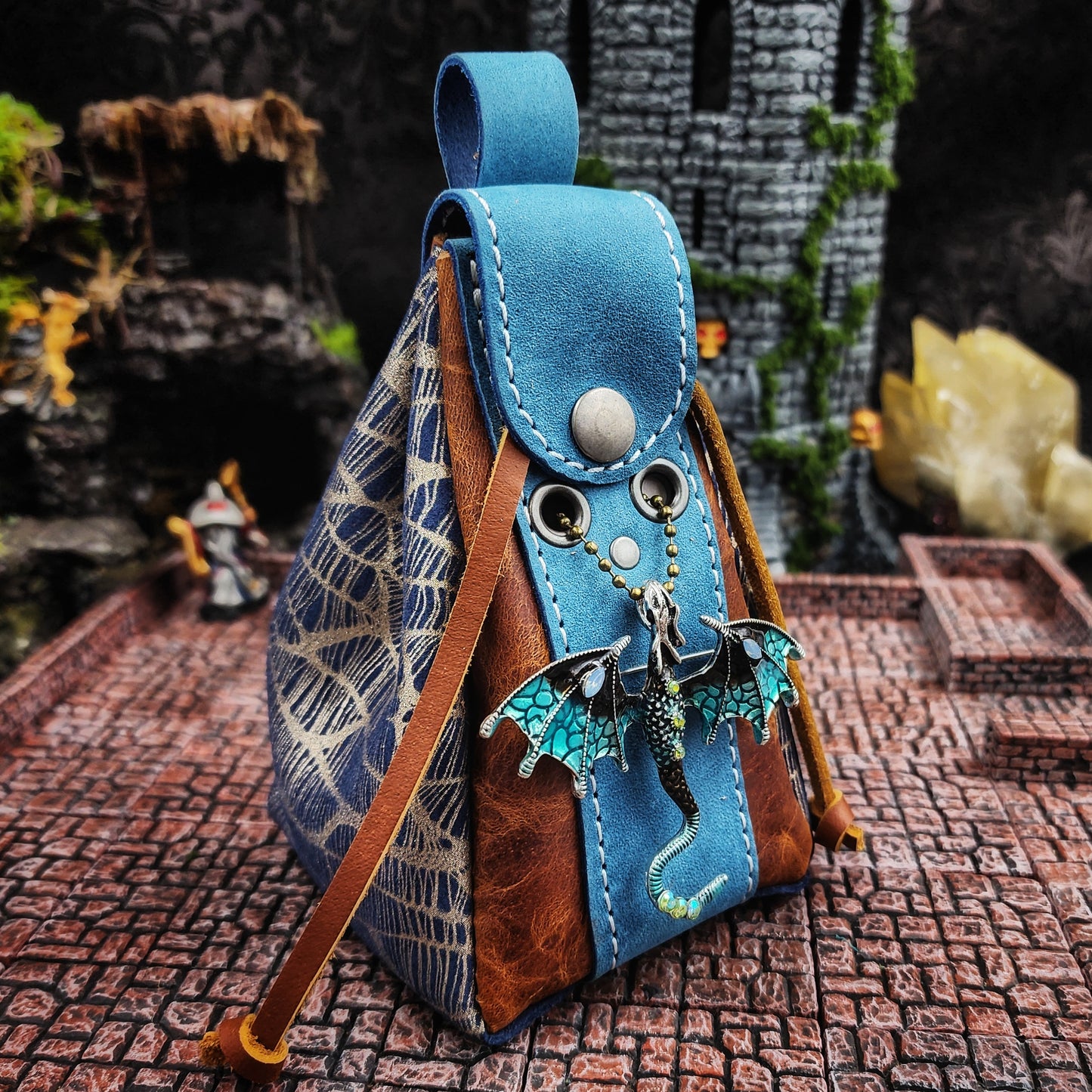 Leather Dice Bag with Jeweled Blue Dragon Charm