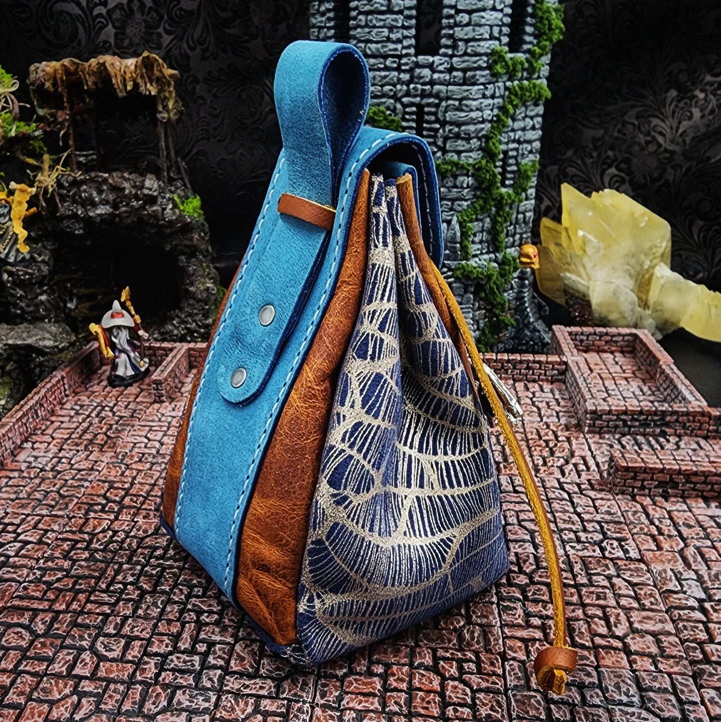 Leather Dice Bag with Jeweled Blue Dragon Charm