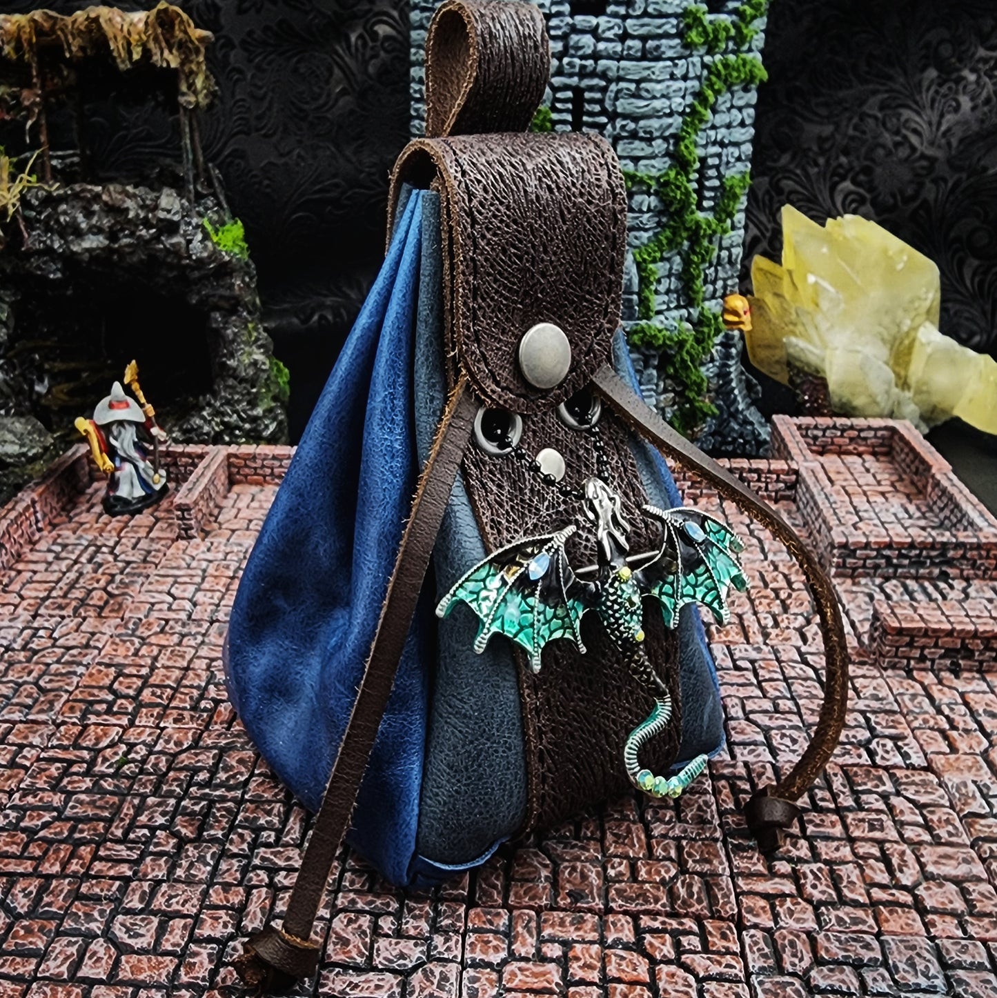 Leather Dice Bag with Jeweled Blue Dragon Charm